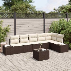 Conjunto de sofá de jardín 7 pcs Marrón y crema Poliratán