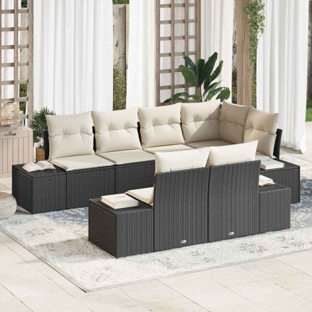 Conjunto de sofá de jardín 7 pcs Negro y crema Poliratán