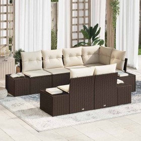 Conjunto de sofá de jardín 7 pcs Marrón y crema Poliratán