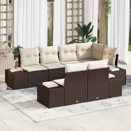 Conjunto de sofá de jardín 7 pcs Marrón y crema Poliratán