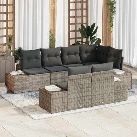 Conjunto de sofá de jardín con cojín 7 pcs Gris Poliratán Conjunto de sofá de jardín con cojín 7 pcs Gris Poliratán