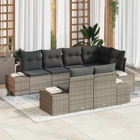 Conjunto de sofá de jardín con cojín 7 pcs Gris Poliratán