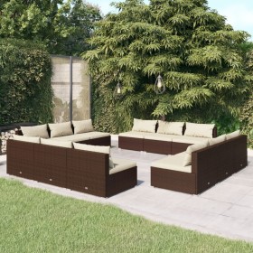 Set muebles de jardín y cojines 12 pzas ratán sintético marrón