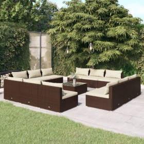 Set muebles de jardín 13 pzas y cojines ratán sintético marrón