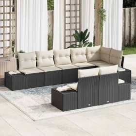 Conjunto de sofá de jardín 8 pcs Negro y crema Poliratán