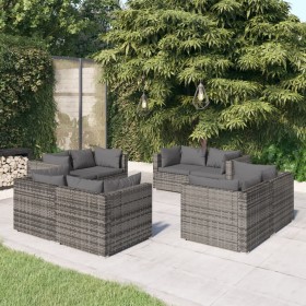 Set de muebles de jardín 8 pzas y cojines ratán sintético gris