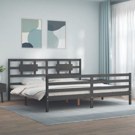 Gray solid wood bed frame with headboard 200x200 cm by vidaXL, Beds and slatted bases - Ref: Foro24-3194463, Price: 176,53 €,...