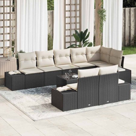 Conjunto de sofá de jardín 9 pcs Negro y crema Poliratán