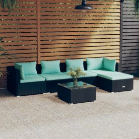 Set de muebles de jardín 6 pzas y cojines ratán sintético negro