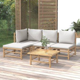 Set de muebles de jardín 5 piezas bambú y cojines gris claro Set de muebles de jardín 5 piezas bambú y cojines gris claro