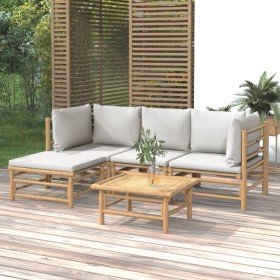 Set de muebles de jardín 5 piezas bambú y cojines gris claro