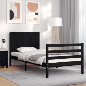 Estructura de cama con cabecero madera maciza negro 90x200 cm