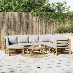 Set de muebles de jardín 8 piezas bambú y cojines gris claro