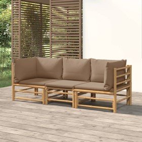 Set de muebles de jardín 3 piezas bambú y cojines gris taupe Set de muebles de jardín 3 piezas bambú y cojines gris taupe