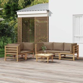 Set de muebles de jardín 6 piezas bambú con cojines gris taupé
