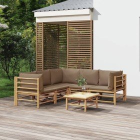 Set de muebles de jardín 6 piezas bambú con cojines gris taupé Set de muebles de jardín 6 piezas bambú con cojines gris taupé