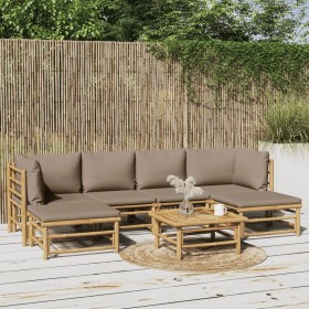Set de muebles de jardín 7 piezas bambú y cojines gris taupe