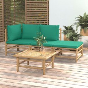 Set de muebles de jardín 4 piezas bambú con cojines verde