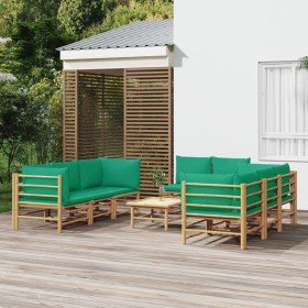 Set de muebles de jardín 9 piezas bambú con cojines verde