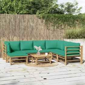 Set de muebles de jardín 8 piezas bambú con cojines verde