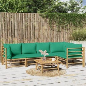 Set de muebles de jardín 6 piezas bambú con cojines verde