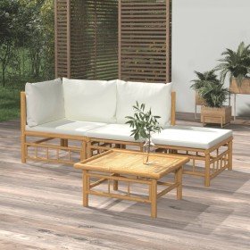 Set de muebles de jardín 4 piezas bambú y cojines blanco crema Set de muebles de jardín 4 piezas bambú y cojines blanco crema