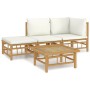 Set de muebles de jardín 4 piezas bambú y cojines blanco crema