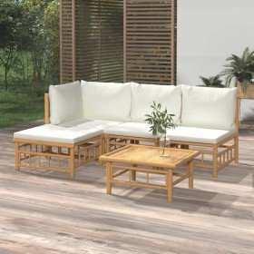 Set de muebles de jardín 5 piezas bambú y cojines blanco crema