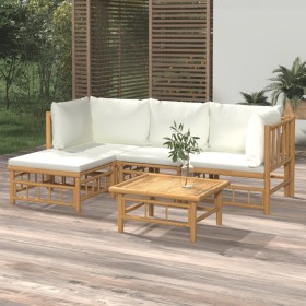 Set de muebles de jardín 5 piezas bambú y cojines blanco crema en Conjuntos de jardín | Comprar online en Foro24