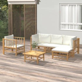 Set de muebles de jardín 6 piezas bambú y cojines blanco crema