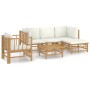 Set de muebles de jardín 6 piezas bambú y cojines blanco crema