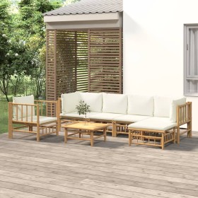 Set de muebles de jardín 7 piezas bambú y cojines blanco crema Set de muebles de jardín 7 piezas bambú y cojines blanco crema