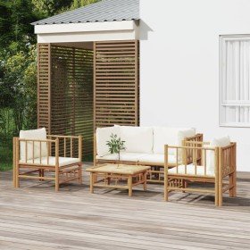 Set de muebles de jardín 5 piezas bambú y cojines blanco crema Set de muebles de jardín 5 piezas bambú y cojines blanco crema