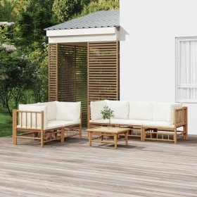 Set de muebles de jardín 6 piezas bambú y cojines blanco crema