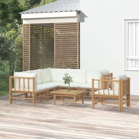 Set de muebles de jardín 7 piezas bambú y cojines blanco crema