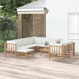 Set de muebles de jardín 10 piezas bambú y cojines blanco crema