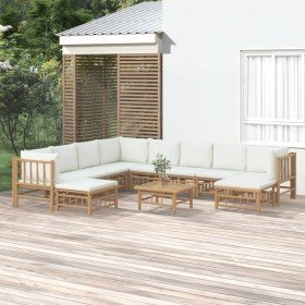 Set de muebles de jardín 11 piezas bambú y cojines blanco crema