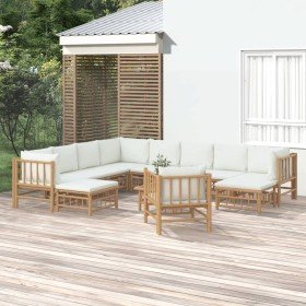 Set de muebles de jardín 12 piezas bambú y cojines blanco crema en Conjuntos de jardín | Comprar online en Foro24