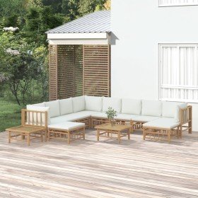 Set de muebles de jardín 12 piezas bambú y cojines blanco crema en Conjuntos de jardín | Comprar online en Foro24