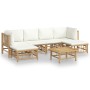 Set de muebles de jardín 7 piezas bambú y cojines blanco crema