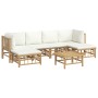Set de muebles de jardín 7 piezas bambú y cojines blanco crema