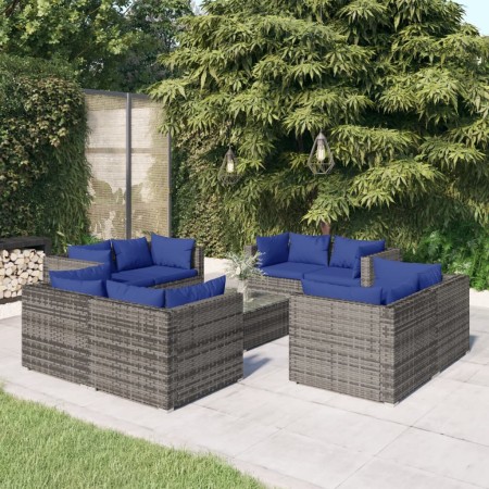 Set de muebles de jardín 9 pzas y cojines ratán sintético gris