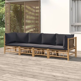 Set de muebles de jardín 4 piezas bambú con cojines gris oscuro en Conjuntos de jardín | Comprar online en Foro24