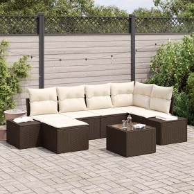 Conjunto de sofá de jardín 7 pcs Marrón y crema Poliratán