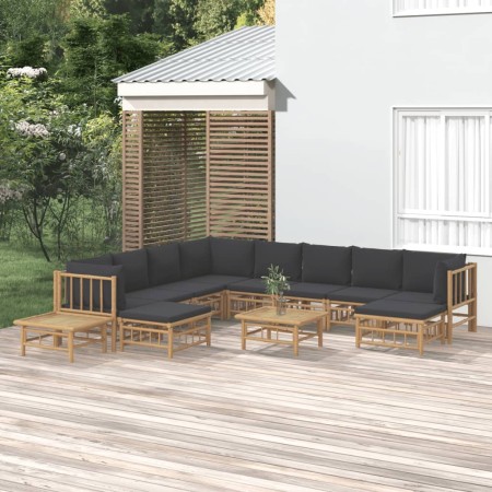 Set de muebles de jardín 12 pzas bambú con cojines gris oscuro