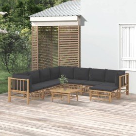 Set de muebles de jardín 9 piezas bambú con cojines gris oscuro en Conjuntos de jardín | Comprar online en Foro24