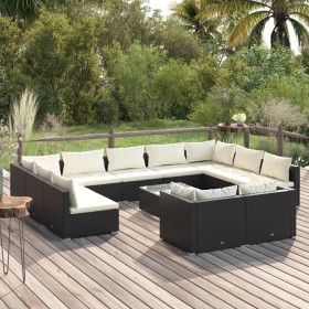 Set de muebles de jardín 12 pzas cojines ratán sintético negro