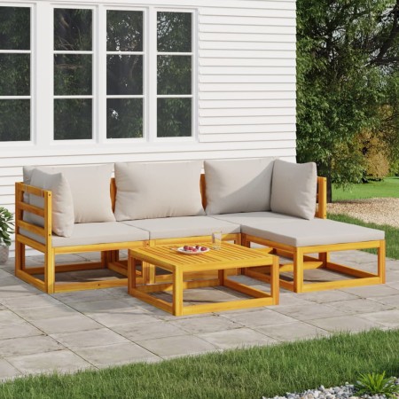 Set muebles de jardín 5 pzas madera maciza y cojines gris claro