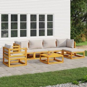 Set muebles de jardín 7 pzas madera maciza y cojines gris claro