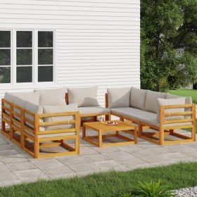 Set muebles de jardín 9 pzas madera maciza y cojines gris claro
